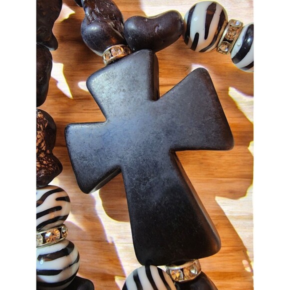 Chunky Zebra Glass & Stone Bead Cross Necklace – 10" Drop – Artisan Tribal Goth - Picture 5 of 5